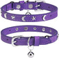 Leather Cat Collars for Boy Girl Cats with Bell and Safety Elastic Belt, Personalized Star and Moon Stud Adjustable Safe Buckle Collar for Kitty Small Big Cats Size 7-9 Inch, Purple