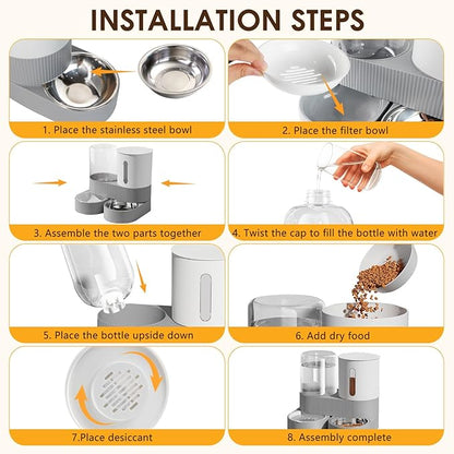 Automatic Gravity Cat Dog Feeder and Water Dispenser with 304 Stainless Steel Bowls 2 in 1 360 Degree Rotatable Auto 2.4L Dry Food and 2.6L Water Bowl for Small Medium Pet Dog Puppy Kitten (Gray)