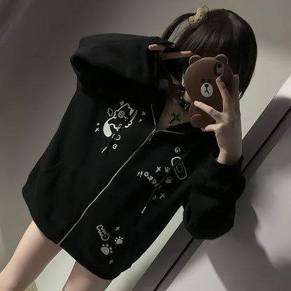 Womens Y2K Zip Up Cute Graphic Hoodies Cat Ears Casual Cartoon Harajuku Kawaii Clothes Oversize Streetwear Jacket