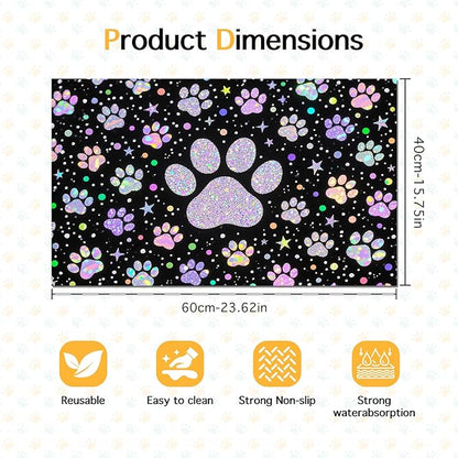 Pet Feeding Mat 24x16 inch Glitter Paw Print Pet Bowl Placemat Non Slip Floor Mat for Food and Water Indoor Pet Feeding Station Cute Meal Pad for Small Cats and Dogs Kitchen Use