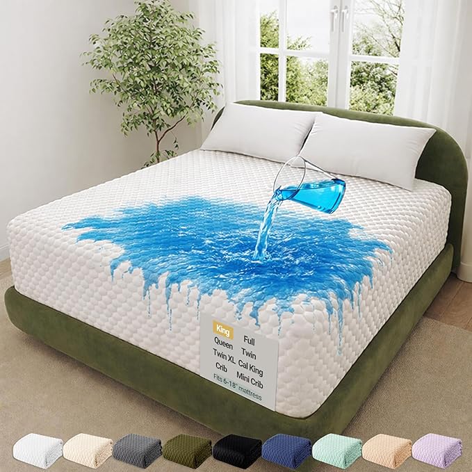 OhGeni 100% Waterproof Mattress Protector,King Size Mattress Soft Pad,Pet Hair & Bedwetting Resistant,Cooling Breathable Fitted Sheets,Washable Bed Cover,Non-Slip Deep Pocket,Noiseless for Bedroom