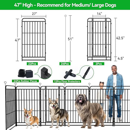 Heavy Duty Dog Playpen: 24 Steel Panels 47" Height, Square Steel Pipe with Reinforced Crossbars, 54FT 227 Sq.ft Portable Fence for Yard RV Camping, Snowy Black