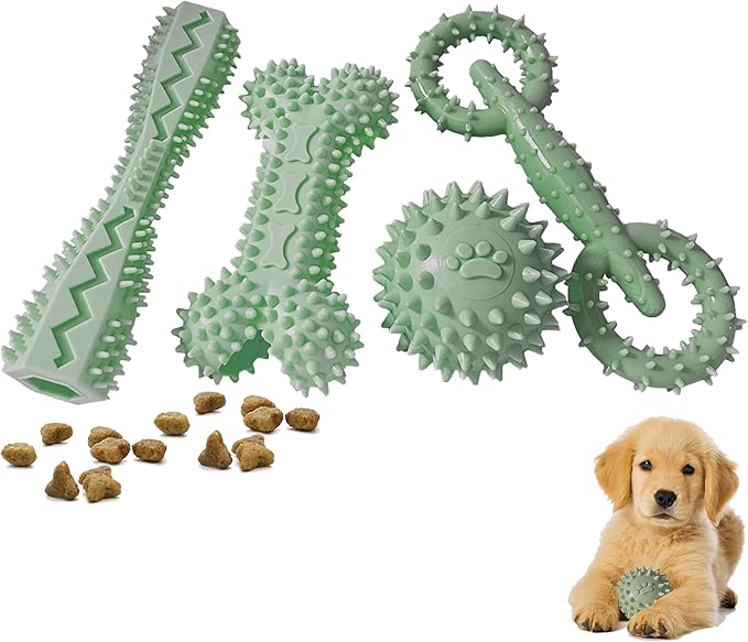 4 Pack Puppy Toys for 2-8 Months Pets Dog Chew Toy for Small Puppies Teething Toys for Cleaning Teeth Food Dispensing Soft Durable Rubber Bone Funny Ball Interactive Donut Treat Dumbbell (Green)