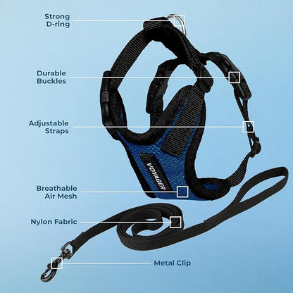 Voyager Escape-Proof Step-In Lock Cat Harness & 5ft Neoprene-Handle Leash Set All-Weather Mesh with Reflective Stitching For Small to Large Cats by Best Pet Supplies, Royal Blue/Black Trim, S