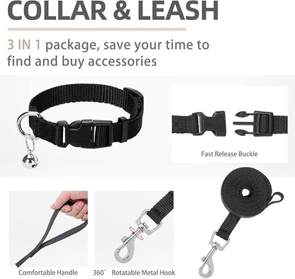 PUPTECK Adjustable Dog Harness Collar and Leash Set Step in No Pull Pet Harness for Small Medium Dogs Puppy and Cats Outdoor Walking Running, Soft Mesh Padded Reflective Vest Harnesses, Solid Black M