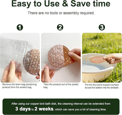 Upgraded Bird Bath Copper Disk, 0.8mm Reinforced 99.99% Pure Copper Cleaning Disk, 4-Point Support&Concave Base for Physical Safe Clean Water, Outdoor All-Season Fit Birdbaths&Bowls