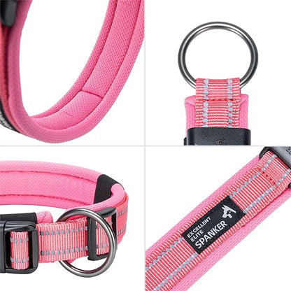 EXCELLENT ELITE SPANKER Reflective Dog Collar Classic Soft Padded Breathable Nylon Adjustable Pet Collar with Quick Release Buckle for Boy Girl Male Female Small Medium Large Dogs Training(Pink-XL)