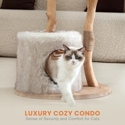 Cat Tree Tower with Two Real Branches, 44 INCH Wood Modern Cat Tower with Luxury Cat Condo, Cat Scratching Post, Jumping Platforms, Cat Furniture (Long Plush)