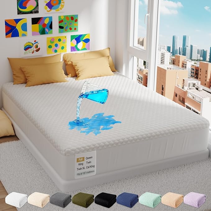 OhGeni 100% Waterproof Mattress Protector,Full Size Mattress Soft Pad,Pet Hair & Bedwetting Resistant,Cooling Breathable Fitted Sheets,Washable Bed Cover,Non-Slip Deep Pocket,Noiseless for Guest Rooms