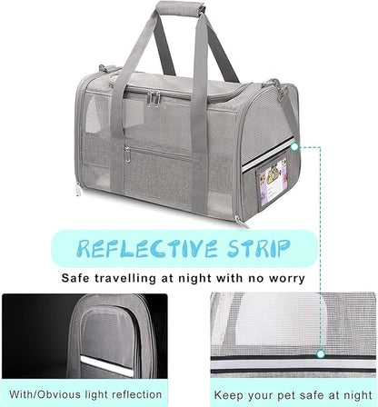 Soft-Sided Cat Carrier for Pets Up to 15lbs, Airline Approved Under-Seat Travel Carrier with Collapsible Bowl, Breathable Mesh & Removable Pad, Grey