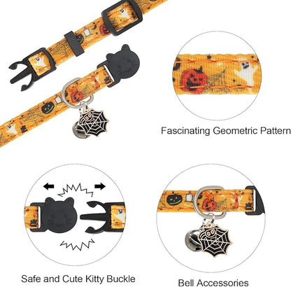 Halloween Cat Collar, Cotton 2 Pack Cat Collar with Bells, Breakaway Collars for Girl Boy Cats Kittens, Halloween Purple