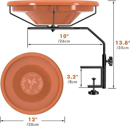 iBorn Bird Bath for Outside,Deck Mounted Bird Bath 12in，Birds Baths for Outdoors with Adjustable Clamp 3.2in，BPA-Free Bowl，360°Swivel & Adjustable Height Bracket，Detachable Birds Baths, Pack of 1