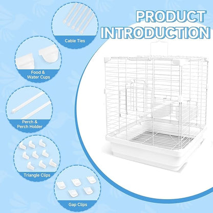 Small Bird Cage for Parakeets, Budgies & Canaries and More Small Birds - Lightweight Travel Birdcage & Bird Carrier with Handle, Stand, Removable Tray, Portable for Hanging, Outdoor Use, White