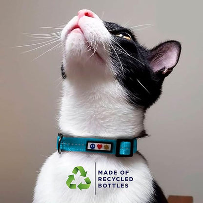 Pawtitas Recycled Blue Reflective Cat Collar – Eco-Friendly Breakaway Safety Buckle, Adjustable Kitten & Adult Collar with Removable Bell and High-Visibility Strap