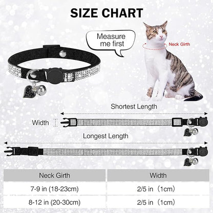 Rhinestone Cat Collar Breakaway with Bell, Diamond Cat Collar with Safety Buckle Quick Release for Girl Boy Small Kitten Pets Puppy,Cute Soft Female Male Cat Collars, Color Black 7-9"