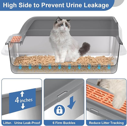 Stainless Steel Sifting Litter Box with Lid, Large Sifting Cat Litter Box for Pine Pellets & Big Cats,Metal Pellet Sifter Litter Pan System for Odor Control,Sifting Box Liners & Scoop