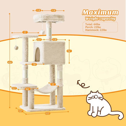 Cat Tree Tower 44 Inch, Small Cat Tower with Condo, Hammock, Sisal Scratching Posts, Extended Perch, Pet Play House for Indoor Kittens and Cats, Beige