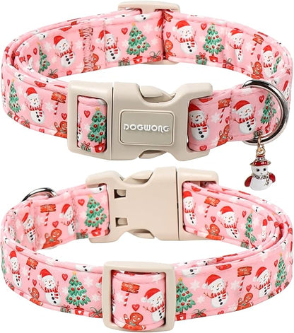 DOGWONG Christmas Dog Collar-Cute Pink Snowman Dog Collars, Adjustable Christmas Pet Collars Puppy Collar with Quick Release Buckle for Girl&Boy Dogs