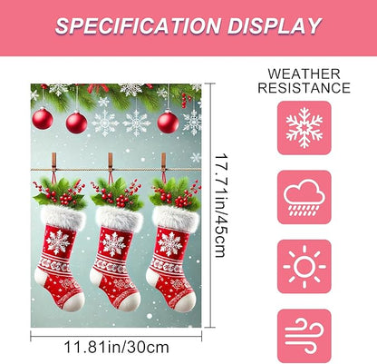 Christmas Garden Flag Three Stockings Winter Garden Flag 12x18 Inch Double Sided Outdoor Decoration for Holiday Season Yard Porch Lawn Display Festive Snowflake Banner