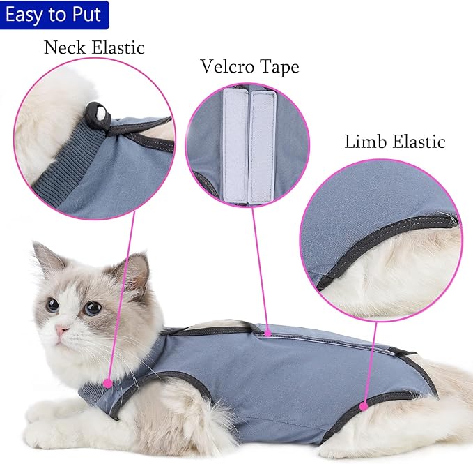 Cat Surgery Recovery Suit Cat Onesie for Cats After Surgery Spay Surgical Abdominal Wound Skin Diseases E-Collar Alternative Wear (Grey-Blue-S)