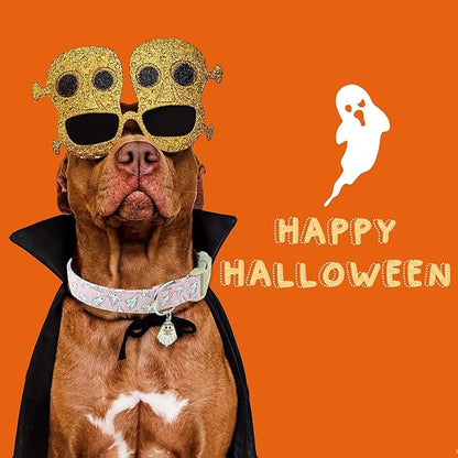 Faygarsle Pink Ghost Pattern Dog Collar with Charm, Halloween Pet Necklace, Adjustable Collar for Small Medium Large Dogs L