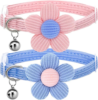 Cat Collar, HANSHILAI Kitten Collar with Bells, Cute Cat Collar Breakaway for Girl Boy with Flower,Collar para Gatos (2 Pack) (Blue & Pink)