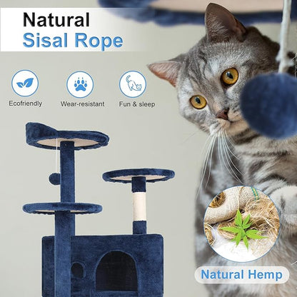 FDW | 54" Cat Tree Tower | Navy Blue | Multi-Level Indoor Activity Center with Sisal Scratching Posts, Condos, Plush Perches, Hanging Cat Toys | Sturdy, Easy to Assemble | for Kittens & Adult Cats