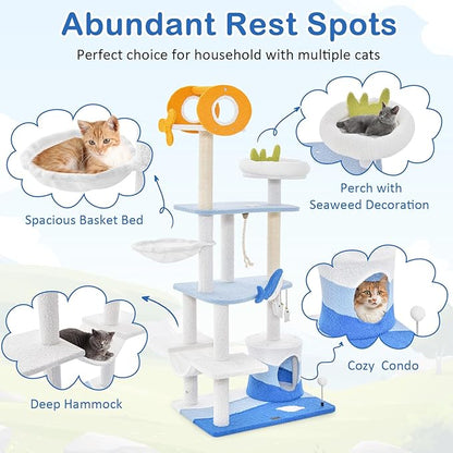 Tangkula Ocean-Themed Cat Tree, 3-Level Cat Tower with Sisal Scratching Posts, Condo, Perch, Hammock, Dangling Toys, Spring Ball, Sisal Rope, Cute Cat Activity Center for Indoor Cats (66 Inch)