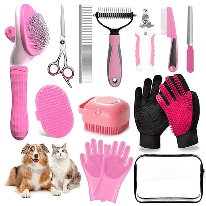 Dog Brush for Shedding 13pcs Bath Grooming Kit with Pet Nail Clipper and File - Dog Bath Brush Cat Grooming Supplies, Dematting Comb Bath Brush Shampoo Scrubber for Dogs and Cats