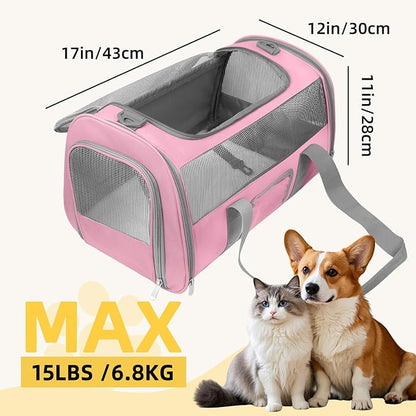 Pet Carrier Airline Approved for Puppy Medium Cats 15 Lbs Small Dog Carrier Breathable Collapsible Soft Sided Cat Travel Carriers, Pink with Grey