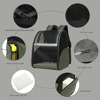 Cat Backpack Carrier for Small Dogs and Medium cat Puppy Kitten Bunny Pet Carrier Backpack Collapsible with Fully Ventilated Mesh with Safety Leash (DarkGreen, 12.9" L x 10.62" W x 15.5" H - M)