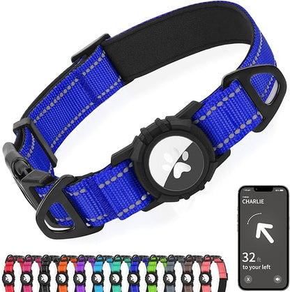 Joytale Airtag Dog Collar, Reflective Pet Collar with Waterproof AirTag Holder, Dual D-Rings, Soft Padded Adjustable for Large Dogs, Navy Blue, L