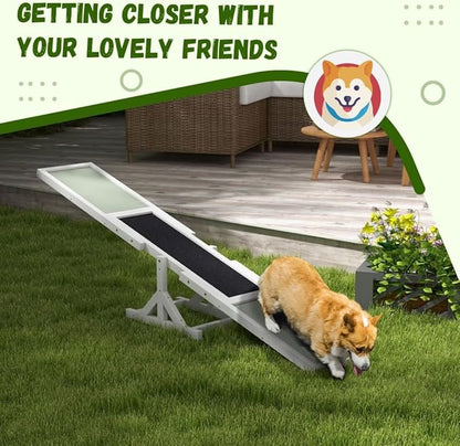 71" Dog Agility Seesaw Outdoor for Training and Exercise, Wooden Platform Dog Agility Training Equipment - Dog Obstacle Course Backyard Run Game Toy (White)
