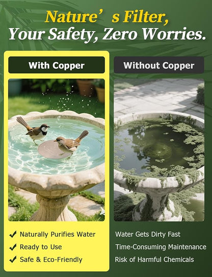 Mellbree 4-Pack Bird Bath Copper Disk, 0.6mm Reinforced 99.99% Pure Copper Cleaning Disk with Triple-Point Support for Physical Safe Clean Water All-Season