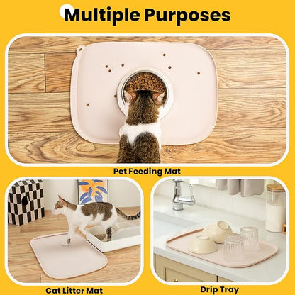 Silicone Dog Food Mat with Side Pocket & Hook Hole, Soft Raised Edges, Easy Clean Waterproof Non-Slip Pet Feeding Mat for Cats and Dogs Water Bowl, Pets Accessories(18"x12",Natural Tan)