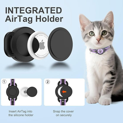 Airtag Cat Collar Breakaway, Reflective Cat Collar with AirTag Holder and Bell, Compatible with Apple Air Tag, Comfortable Padding, Adjustable, Durable (Purple, XS)