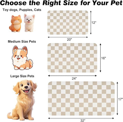 Checkered Dog Food Mat, Absorbent Leak-Proof Pet Feeding Mat, Quick Dry Cat Food Mat for Messy Drinkers 16" x 24" Khaki