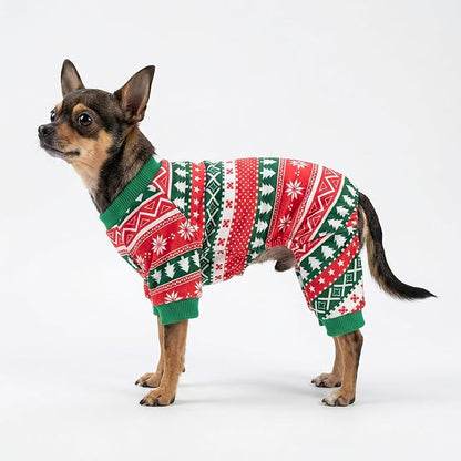 Fitwarm Dog Christmas Outfit, Holiday Pet Clothes for Small Dogs Boy Girl, Festive Pajamas with Feet, Puppy Onesie, Red, Green, Medium