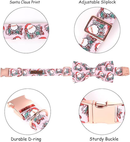 Christmas Dog Collar, Pink Christmas Santa Claus Dog Collar Bow Tie Pet Collars with Bow Adjustable Pet Collars with Premium Metal Buckle Dogs Necklace for X-Small Girl Dogs