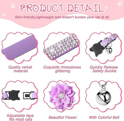 Cat Collars,Rhinestone for Girl Cats Bling Kitten Flower Adjustable Breakaway Collar with Bell Soft Velvet Leather Collar for Puppy Small Dogs (Pink)