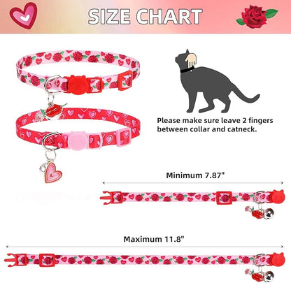 PUPTECK Breakaway Cute Cat Collar with Bell Charm for Kitty, 2 Packs Adjustable Kitten Collars Rose and Love Pattern, Red Pink Heart, 7.8-11.8 in