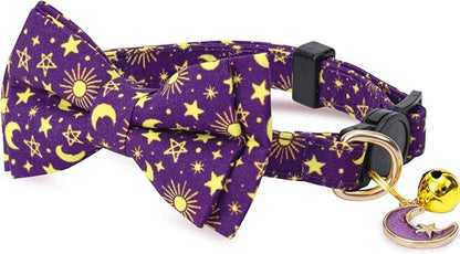 2 Pack Cotton Cat Collar with Bow Tie and Bell for Girl Boy Cats,Cute Pink Flamingo and Blue Whale Pattern Spring Summer Breakaway Cat Collar for Male Female Cats (Star&Moon)