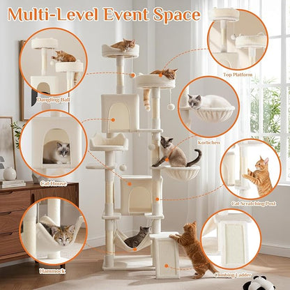 DUMOS Tall Cat Tree 75 Inch, Large Multi-Level Cat Tree Tower with Condo, Perches, Sisal Scratching Posts Board and Hammock, Pet Play House with Dangling Balls for Indoor Cats, Beige