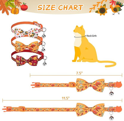 SCENEREAL Thanksgiving Cat Collar Breakaway, 3 Pack Kitten Collars with Bell, Bowtie and Safety Buckle - Adjustable Cute Holiday Cat Collars with Turkey and Pumpkin Pattern for Girl Boy