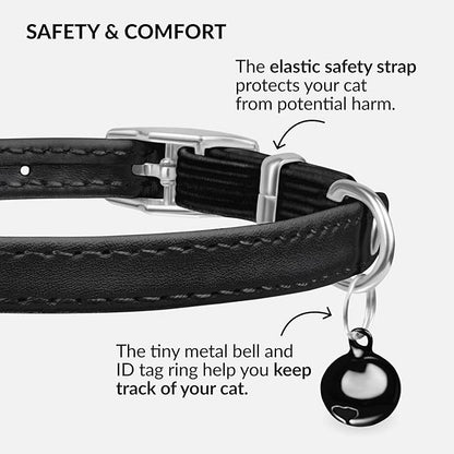 CollarDirect Leather Cat Collar with Bell - Kitten Collar, Small and Big Cat Collar for Boy Cats, Girl Cats with Safety Elastic Strap (Neck Fit 6"-7", Black)