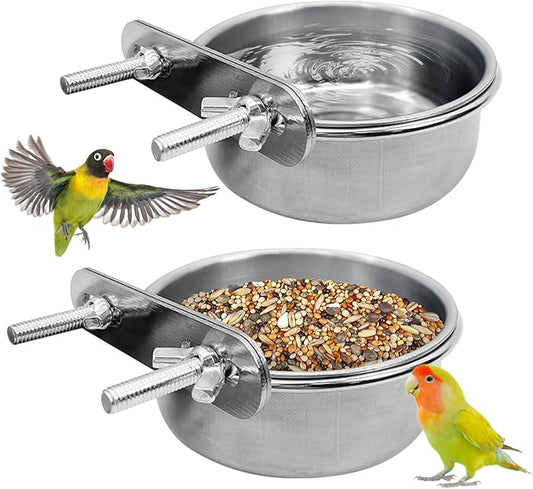 PINVNBY Stainless Steel Bird Bowl Parrot Food Water Bowls with Clamp Holder Bird Feeder Dish Cups Crate Bowls for Cockatiel Pigeons Conure Budgies African Greys (2PCS Screw Size: M)