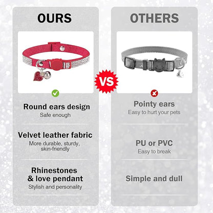 Rhinestone Cat Collar Breakaway with Bell, Diamond Cat Collar with Safety Buckle Quick Release for Girl Boy Small Kitten Pets Puppy,Cute Soft Female Male Cat Collars, Color Red 8-12"