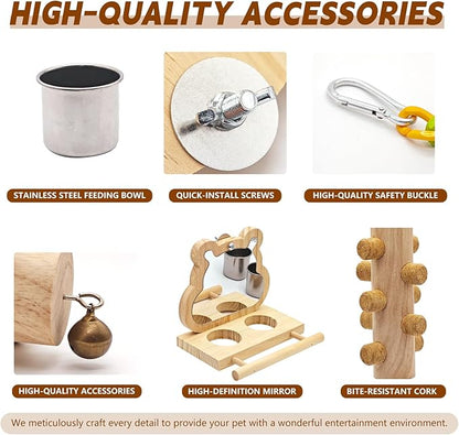 5PCS Bird Perch and Toy Set. Includes a Perch, Feeder, Swing, and Chew Toy. Hangable Natural Solid Wood Birdcage Accessories, Suitable for Small Budgies, Cockatiels, Conures, Lovebirds, Etc.