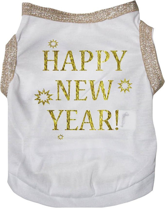 Petitebella Bling Happy New Year Puppy Dog Shirt (White/Gold, XXX-Large)