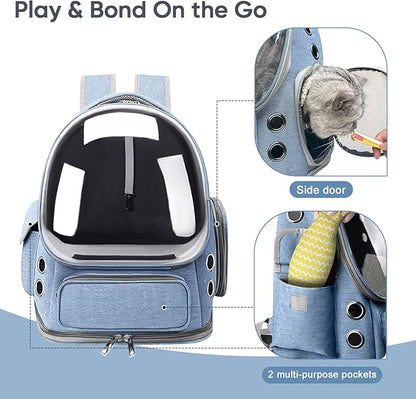 Cat Backpack Carrier, Breathable Cat Bubble Backpack for Kitty & Small Dog, Large Space Cat Carrier Backpack, Foldable Airline Approved Carrier for Trip Vet Travel up to 18lbs（Blue）